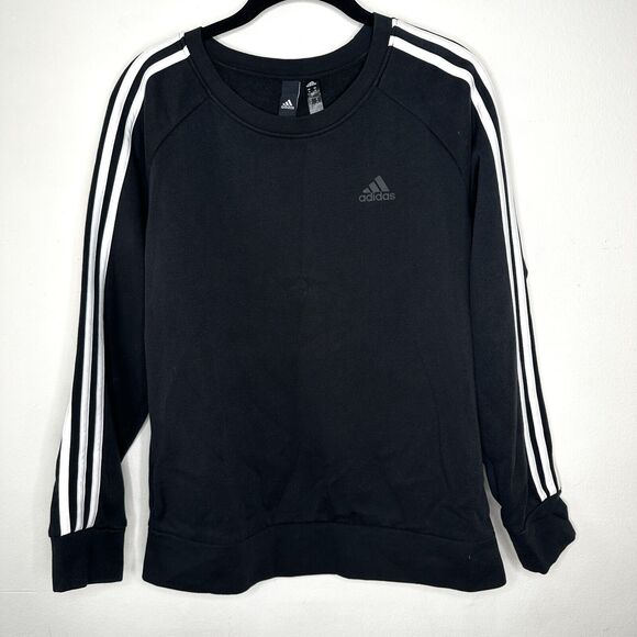 RARE Adidas Black 3-Stripe Fleece Crew Neck Long Sleeve Sweater Rib Cuffs Medium - Picture 2 of 13